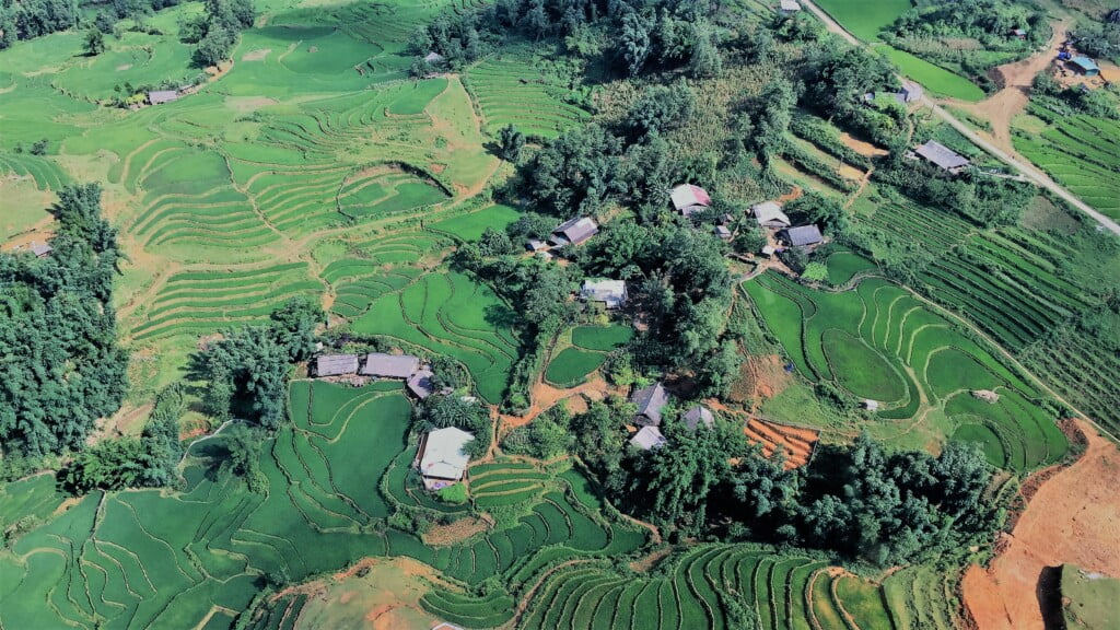 View of Sapa rice fields from cable car going to Mount Fansipan
